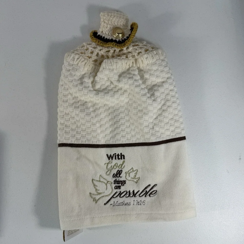 Kassa Fina Crochet Religious Cotton‎ Hand Towel Matthew 19:26 Christian Bible